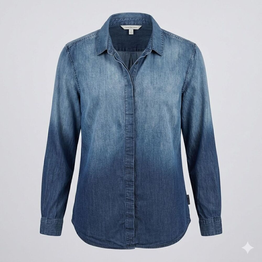 Calvin Klein Jeans Women’s Medium Denim Shirt Ombre Roll Tab Sleeve Blue M